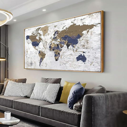 Framed Wall Art World Map Wall Art Canvas Picture20inx40in Large Grey Map of The World Canvas Painting Artwork Prints for Office Wall Decor Home Living Room Decorations Framed Ready to Hang