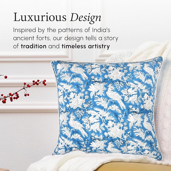 CPC 100% Cotton Throw Pillow Covers 20x20 Inch, Set of 2 Blue Block Print Pattern Couch Pillow, Cute Boho Decorative Pillows for Living Room, Bedroom with Hidden Zipper- Blue Sapphire