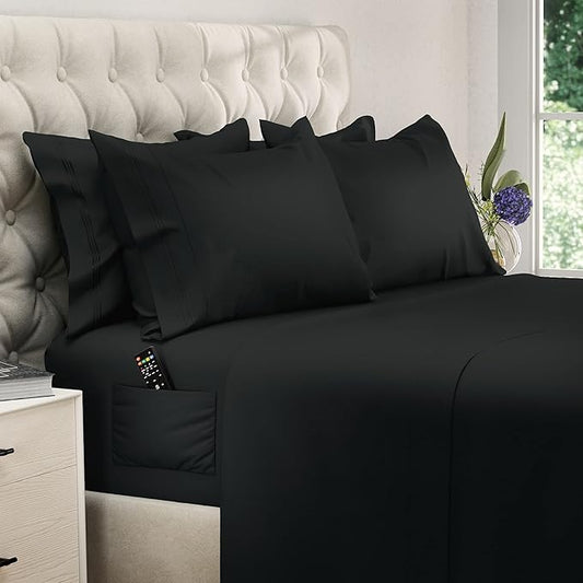 DREAMCARE Sheets Full Size Bed - Cooling Bed Sheets - 6pcs Set - Full Sheet Set - Full Size Sheets - Full Size Sheet Sets Soft & Long Lasting 100% Fine Brushed Polyester with Side Pocket - Black