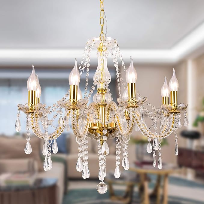 Panghuhu88 K9 Crystal Candle Chandeliers Lighting 8 Lights Pendant Ceiling Fixture Lamp for Dining Living Room Bedroom Hallway Entry Elegant Decoration (8 Bulbs)