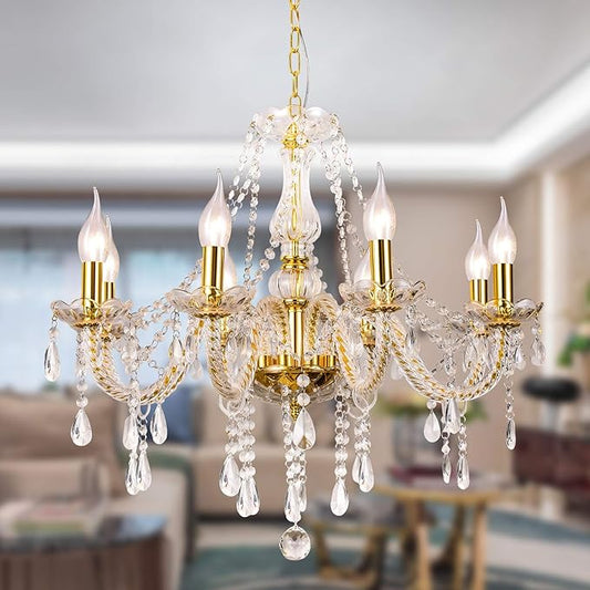 Panghuhu88 K9 Crystal Candle Chandeliers Lighting 8 Lights Pendant Ceiling Fixture Lamp for Dining Living Room Bedroom Hallway Entry Elegant Decoration (8 Bulbs)