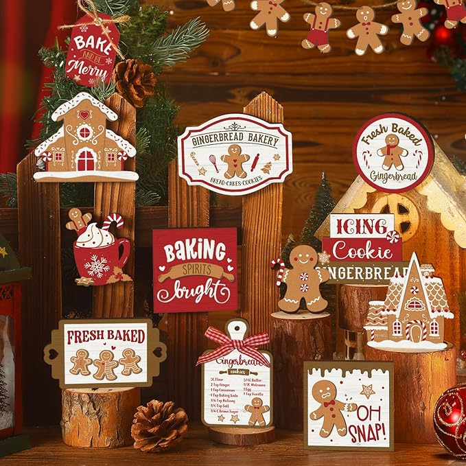 17 Pcs Christmas Tiered Tray Decor Set Winter Tiered Tray Decorations Farmhouse Tabletop Centerpiece Christmas Wooden 3D Sign for Xmas Home Buffalo Plaid Rustic Table Decoration(Gingerbread)