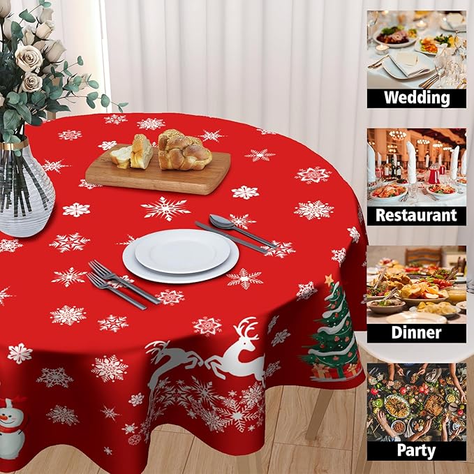 Kawani Christmas Tablecloth Round 60 Inch Xtmas Trees Snowman Decorative Table Cloth Deer Snowflake Winter Round Table Cover Seasonal for Home Kitchen Dining Party Indoor Outdoor Decor
