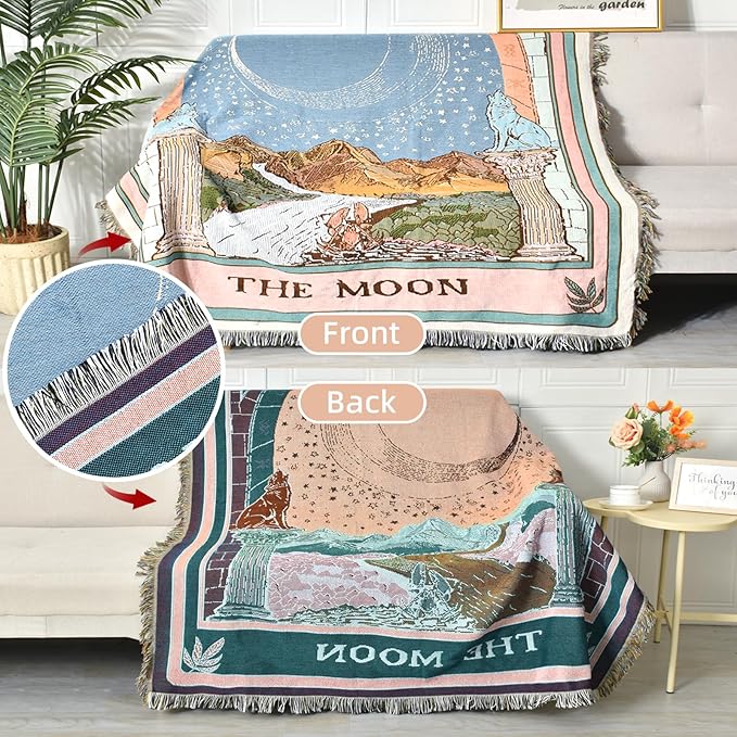 Boho Throw Blanket Reversible Cotton Bohemian Tapestry Hippie Room Decor Double Sided (Boho The Moon 50"x60")