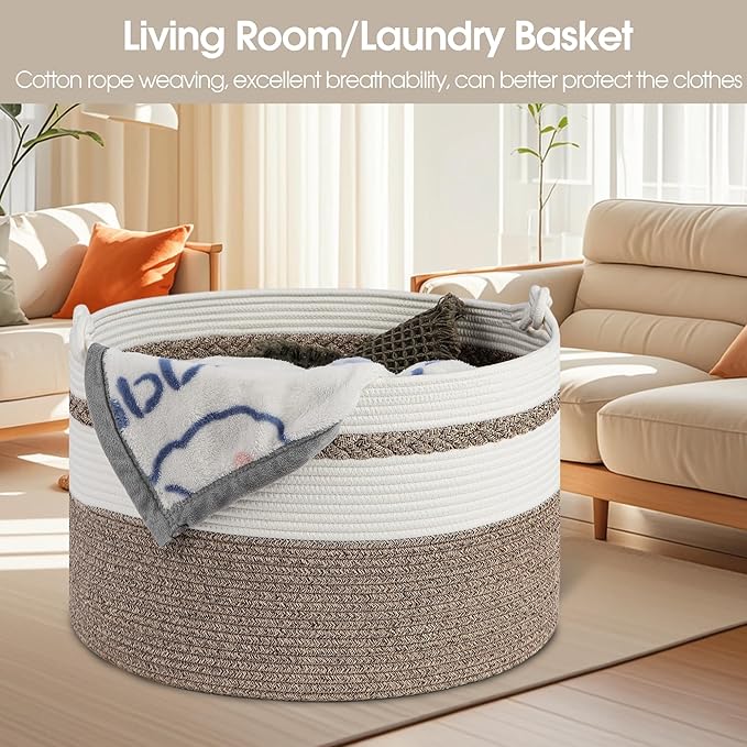 Large Blanket Basket,20''x13'' Storage Basket for Living Room;Toy storage for Organizing,Baby Hamper,Kids Organizer,Woven rope basket;Nursery Storage Bin,White+Dark Brown