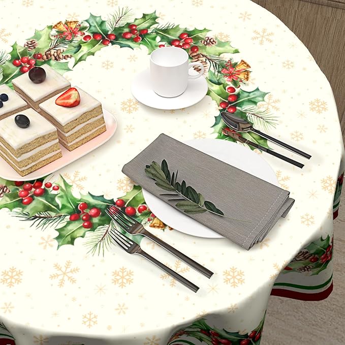 Christmas Holly Tablecloth Round 60 Inch Winter Red Birds Watercolor Leaves Decorative Table Cloth Christmas Holiday Round Table Cover Seasonal for Home Kitchen Dining Party Indoor Outdoor Decor