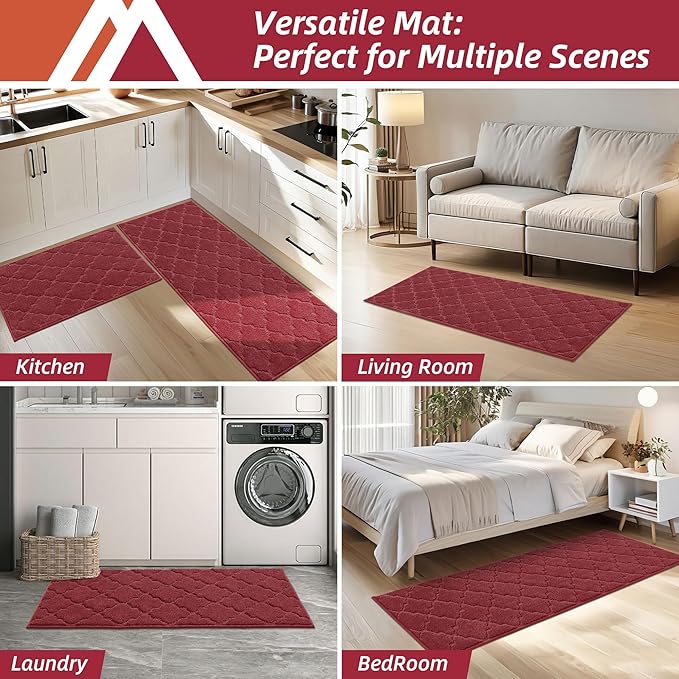 COSY HOMEER Soft Kitchen Rugs [2 PCS] for in Front of Sink Super Absorbent Kitchen Floor Mats and Mats 20x30 Inch/20X48 Non-Skid Kitchen Mat Standing Mat Washable,Polyester,Red