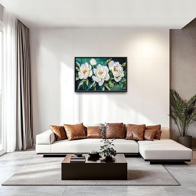 White Flower Large Wall Art for Living Room, Peoney Floral Oversized Wall Decor Pictures, Rustic Framed Canvas Print Painting, Modern Artwork for Bedroom Office Home Decor 36"x24"