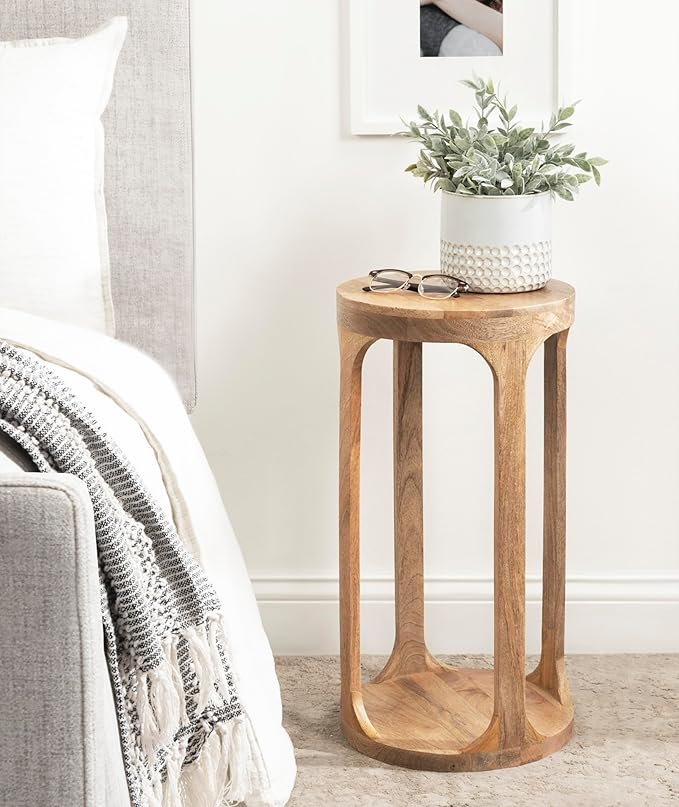 Kate and Laurel Dahl Wooden Round Drink Table; 12 x 23; Natural Brown; Transitional Boho Circle Wood Accent Pedestal Table for Living Room Plant Stand or Small Bedroom Nightstand