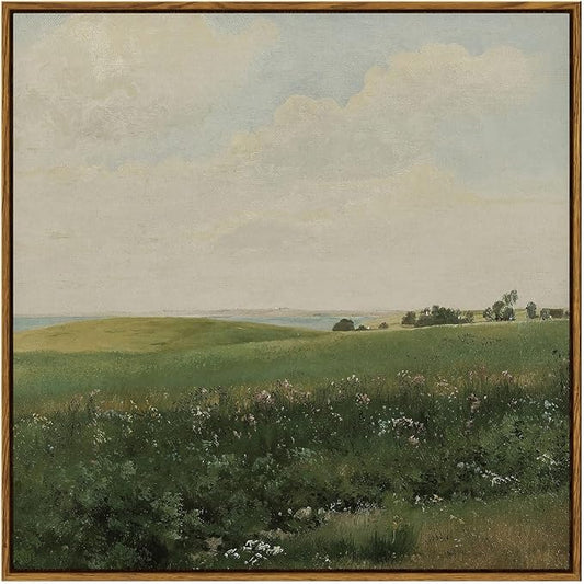 InSimSea Square Framed Canvas Wall Art, Large Decor Vintage Grassland Paintings, Field Scenery Wall Pictures for Bedroom Bathroom Living Room, Canvas Prints Vintage Farmhouse Decor 24"x24"