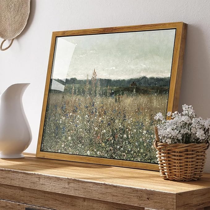 KBKBART Framed Canvas Print Wall Art, Vintage Wall art Wildflower Field Vintage Print, Neutral Country Meadow Landscape Nature Painting Rustic Farmhouse Decor, Retro Botanical Bathroom Wall Decor for