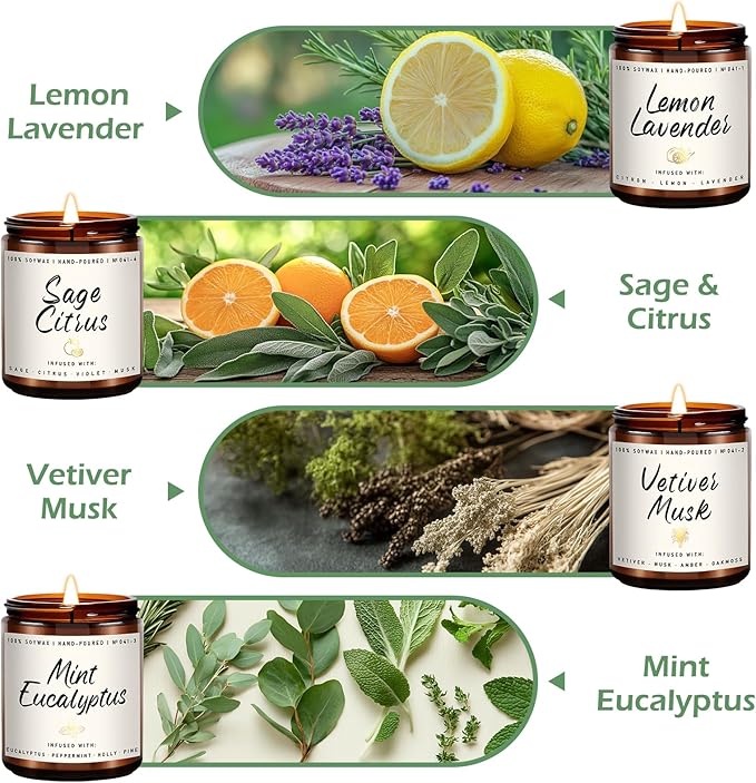 Auelife Scented Candles Set | Scented Candle for Home - 4 Pack Candle Gifts, Soy Candles for Home - Aromatherapy Gift of Mint Eucalyptus/Lemon Lavender/Sage Citrus/Vetiver Musk