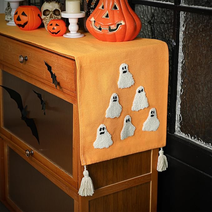 Breling Halloween Ghost Table Runner Jacquard Cute Ghost Halloween Dinner Table Runner Fall Autumn Kitchen Dining Decoration for Kitchen Farmhouse Holiday Party Home Decor 13x72 Inch(Orange)