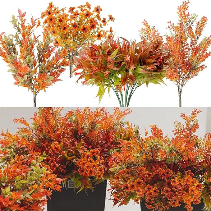 8pcs Fall Artificial Outdoor Branch with Eucalyptus Leaves for Indoor Outside Hanging Plants Garden Porch Window Box Home Wedding Farmhouse Décor