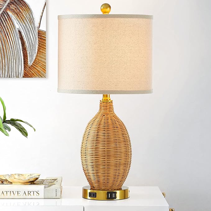 Touch Control Rattan Table Lamps, 3 Way Dimmable Bedside Lamps for Bedroom Set of 2 with 2 USB Ports and AC Outlet, Gold Wicker Nightstand Lamps for Living Room Office (LED Bulbs Included)