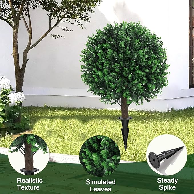 Artificial Green Boxwood Topiary Ball Bush for Outdoor with Spike, Set of 2 UV Resistant Faux Boxwood Ball Tree with Stake Weatherproof Fake Round Topiary Shrub Plant for Front Porch