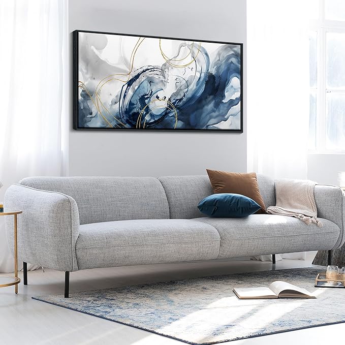 Mofutinpo Blue Wall Art Framed Abstract Canvas Wall Art Blue Pictures for Living Room Wall Decoration Large Modern Office Artwork Wall Decor Graffiti Paintings for Bedroom 24×48IN