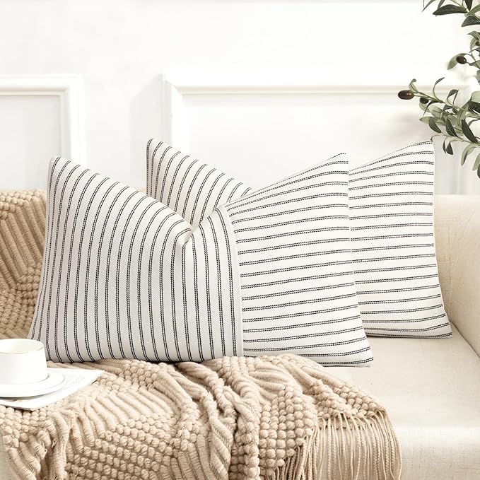 Farmhouse Pillow Covers 12x20, Modern Accent Lumbar Throw Pillow Covers Set of 2, Black and Beige Striped Patchwork Linen Decorative Pillows Cushion Covers for Couch Chair Bedroom Fall Decorations