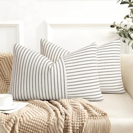 Farmhouse Pillow Covers 12x20, Modern Accent Lumbar Throw Pillow Covers Set of 2, Black and Beige Striped Patchwork Linen Decorative Pillows Cushion Covers for Couch Chair Bedroom Fall Decorations