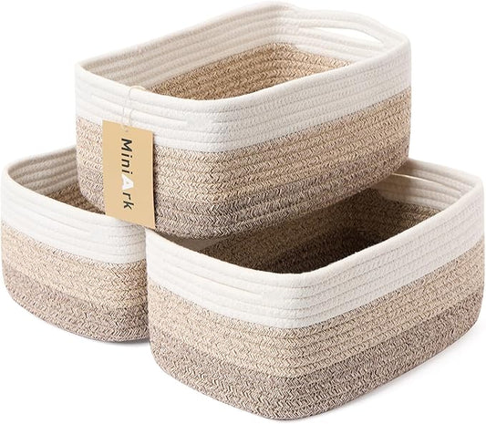 Small Storage Baskets for Organizing | Closet Organizer Bins | Shelf Toy Basket | Woven Rope Baskets | Cube Decorative Box | Shallow Basket | 13x8.5x5.1” | 3 Packs Gradient Brown