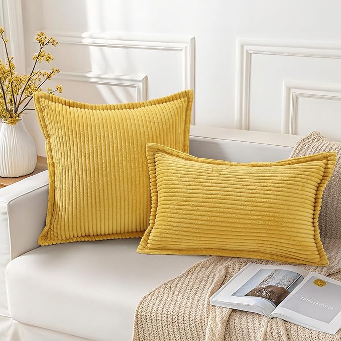 Mecatny Corduroy Throw Pillow Covers 18x18 Set of 2, Neutral Decorative Soft Boho Couch Pillow Covers with Broadside for Sofa Living Room, Mustard Yellow