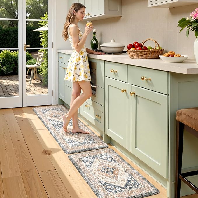 KIMODE Anti Fatigue Kitchen Mat 2PCS,Non-Skid Waterproof Kitchen Rugs,Farmhouse Kitchen Mat for Floor,Cushioned Comfort Foam Standing Mat for Floor,Office,Sink,Desk,Laundry,Mutil-Blue