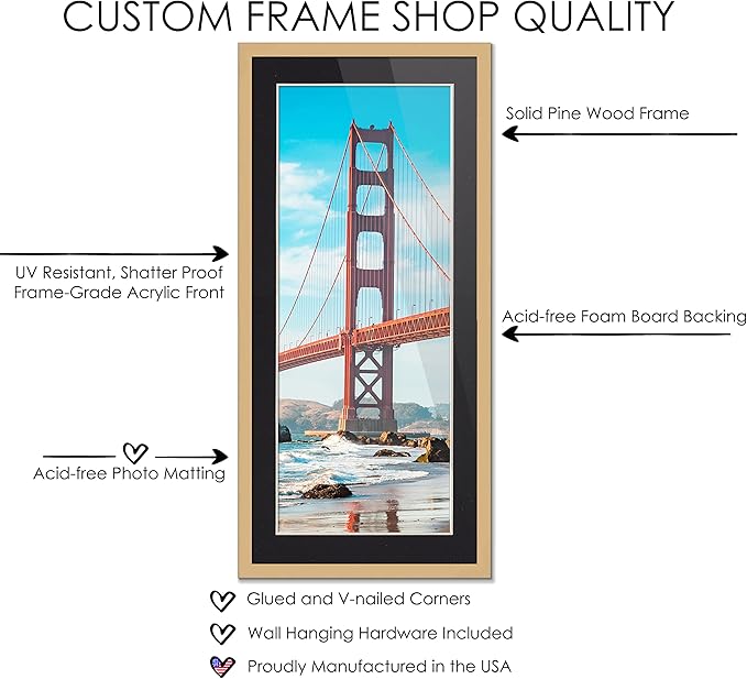 12x36 Frame Natural Wood with Black Mat | 16x40 Frame Matted to 12x36 | Display Your Picture Under UV Acrylic Shatter Guard Front, with Foam Board Backing and Wall Hanging Hardware - Wood Frame