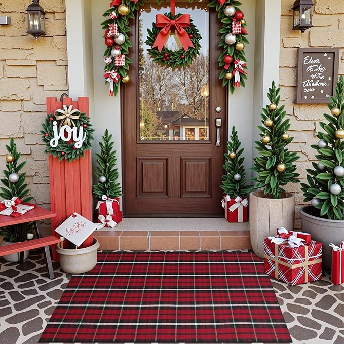 OJIA Washable Outdoor Rug 3'x5', Christmas Door Mats Outdoor Area Rug Red Plaid Rug Entryway Rugs Indoor Door Mat Front Porch Rug Cotton Floor Carpet for Entry/Patio/Bedroom/Living Room