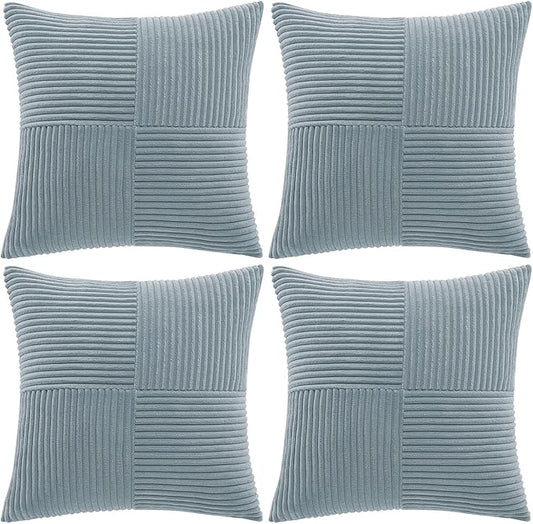 Fancy Homi Set of 4 Light Blue Decorative Throw Pillow Covers 16x16 Inch for Living Room Couch Bed, Rustic Farmhouse Boho Home Decor, Soft Striped Corduroy Textured Square Cushion Case 40x40 cm
