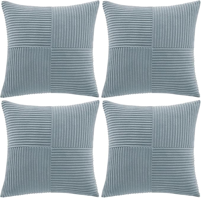 Fancy Homi Set of 4 Light Blue Samll Decorative Throw Pillow Covers 18x18 Inch with for Couch Bed Sofa Living Room, Soft Cross Patchwork Striped Corduroy Coastal Blue Square Cushion Case 45x45 cm