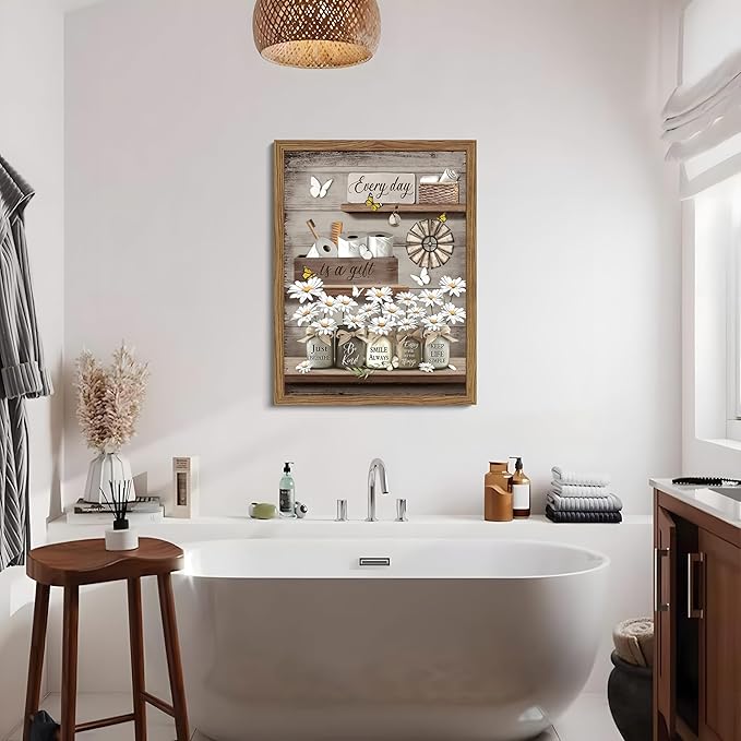 Wood Framed Farmhouse Bathroom Wall Art, Vintage Rustic Daisy Canvas Wall Decor Paintings, Flower Butterfly Inspirational Posters Prints Pictures Artwork for Bathroom Bedroom Living Room 12x16 Inch