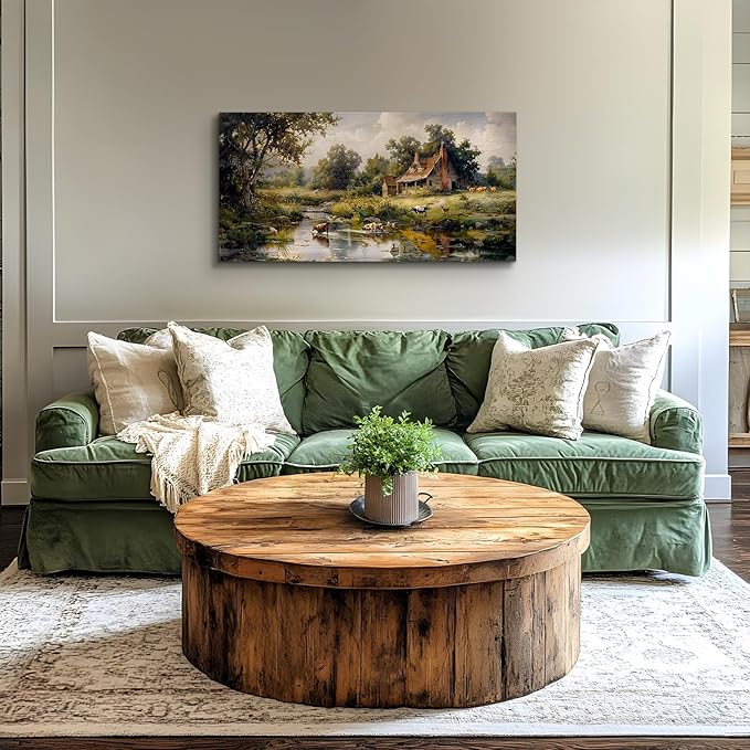 crmotu Large Canvas Wall Art, Farm Landscape Painting Art Prints, Forest Cottage Scenery Aesthetic Pictures, River Animal Cow Duck Modern Farmhouse Wall Decor Living Room Bedroom Kitchen 20"X40"