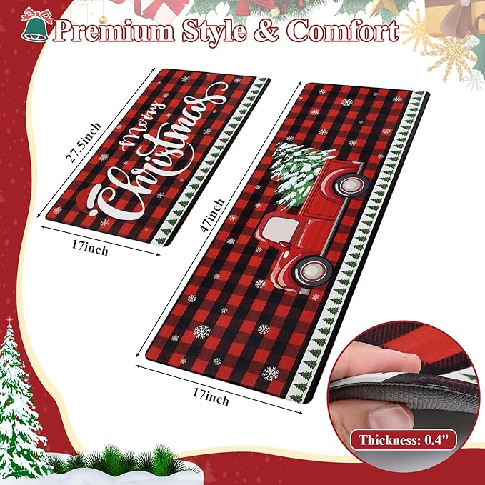 SHACOS Christmas Kitchen Rugs Set of 2 Anti-Fatigue Kitchen Mats Cushioned Red Plaid Christmas Truck Kitchen Rugs Buffalo Checker Kitchen Mats and Rugs for Xmas 17"x27.5"+17"x47"