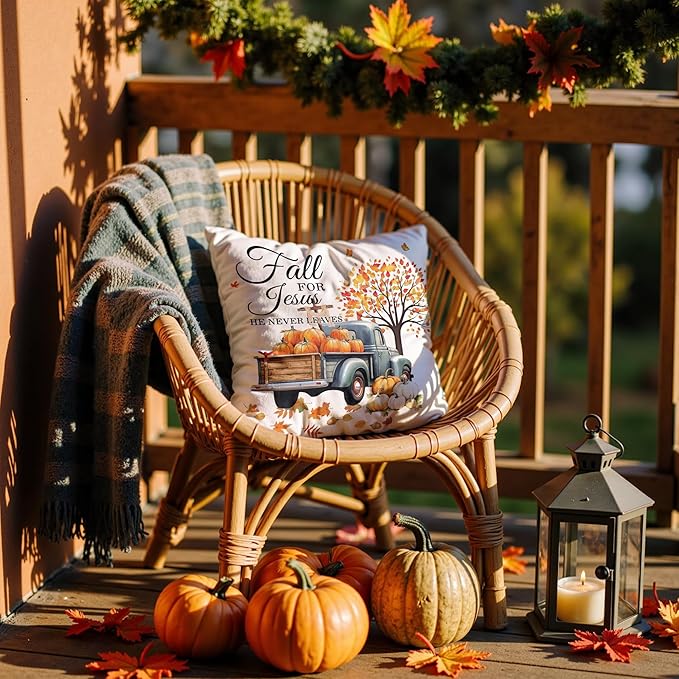 Christian Fall for Jesus He Never Leaves Pillow Covers 18x18, Farmhouse Autumn Decor, Fall Autumn Maple Leaf Pumpkin Pickup Truck Decorative Throw Pillow Covers for Home Bedroom Living Room