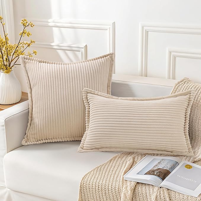 Mecatny Corduroy Throw Pillow Covers 18x18 Set of 2, Neutral Decorative Soft Boho Couch Pillow Covers with Broadside for Sofa Living Room, Beige