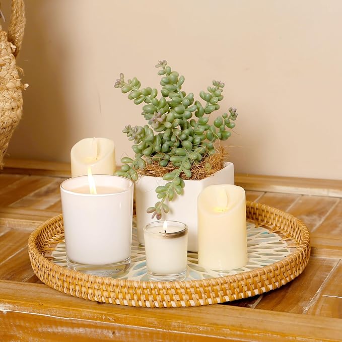 Round Rattan Tray with Mother of Pearl Inlay & Wooden Base - Decorative Wicker Serving Tray for Coffee/Bread/Fruits, Food Storage & Display - Multipurpose Home Decor (M,Colorful Leaves)