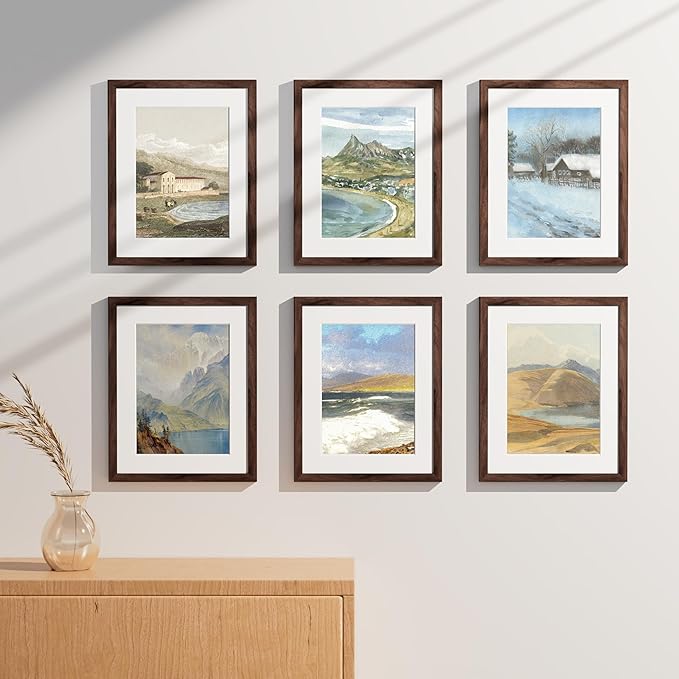 Vittanly 11x14 Picture Frames Set of 9, Shatter Resistant Plexiglass, Display 8x10 Pictures with Mat or 11x14 without Mat, Photo Frames for Wall or Tabletop, Engineered Wood, Walnut