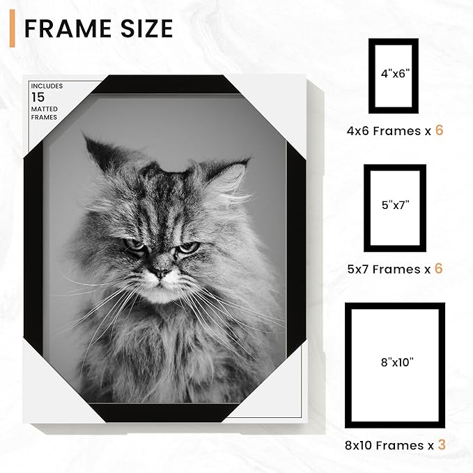 15 Pack Picture Frames Collage Wall Decor, Gallery Frame Set for Wall Mounting or Tabletop Display, Multi Sizes Including 3pcs 8x10, 6pcs 5x7, 6pcs 4x6, Black