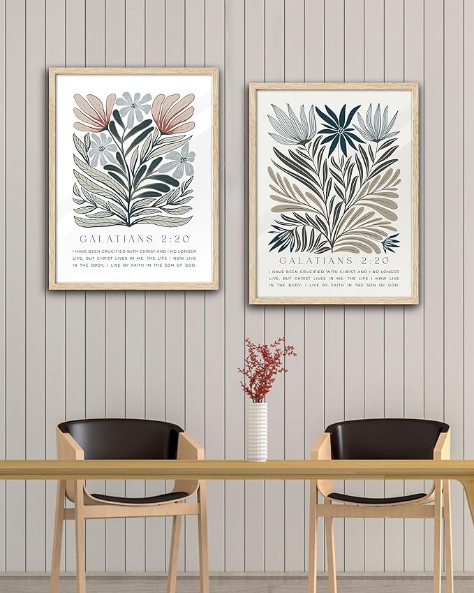 EcoHest Bible Verse Floral Framed Wall Art, Large 16x20 in OAK Wood Boho Abstract Flowers Canvas Wall Art, Galatians 2:20 Home Decor, Beige Logs Boho Christian Set of 1 for Bedroom Living Room