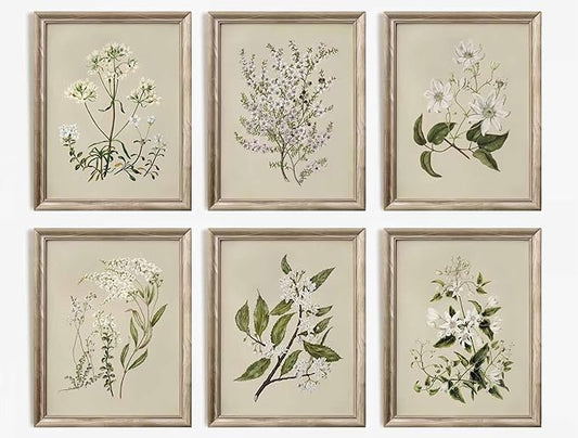 6 PCS Neutral Floral Canvas Wall Art Vintage Rustic Farmhouse Flower Botanical Painting Picture Wall Decor Poster Print Artwork for Living Room Bedroom Home Decoration Unframed