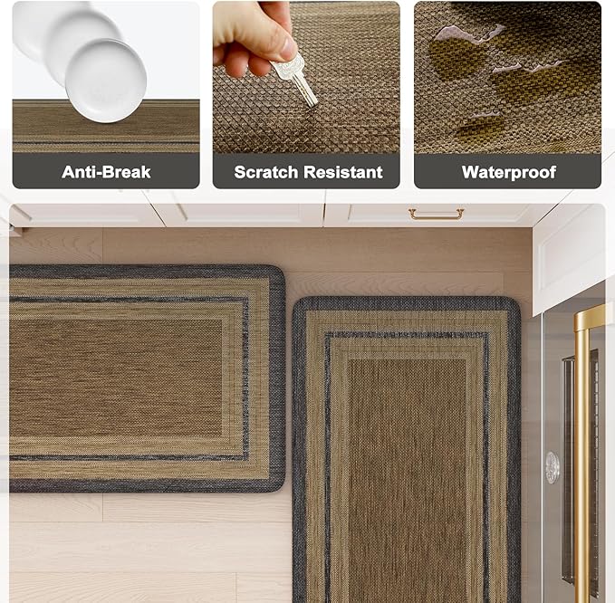 KIMODE Anti Fatigue Kitchen Mats, Boho Distressed Kitchen Floor Mats 20"x47"+20"x32", Non Slip Waterproof Kitchen Rugs, Padded Comfort Standing Mats for Laundry Office Sink Desk Grey/Brown