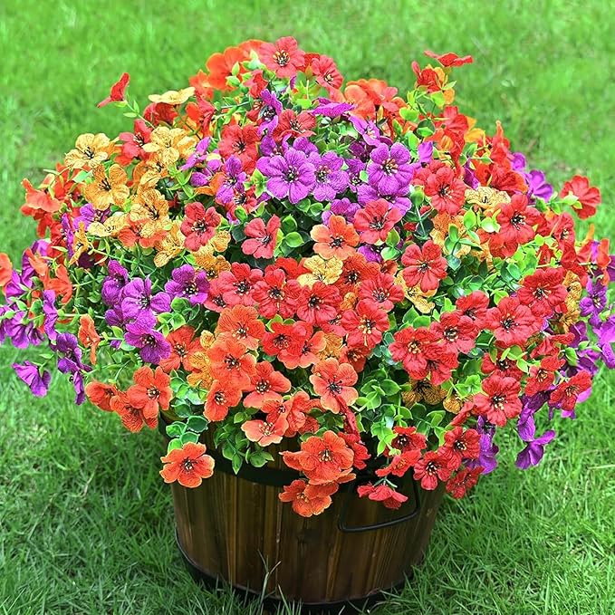 LADADA 12 Bundles Fake Plants Flowers Outdoor Spring Summer Decor,Faux Silk Colorful Daisy Realistic UV Resistant for Outside Home,Used for Courtyard, Yard, Porch Decoration（Purple Yellow Orange Red）