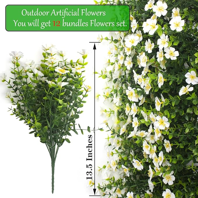 Outdoor Artificial Flowers UV Resistant & Fade Proof, 12 Pack Realistic Fake Flowers for Garden, Patio, Lawn Decor - Weatherproof Plastic Plants (White)