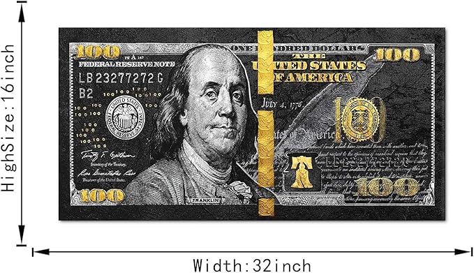 Dollars Money Posters and Prints Culture Style Street Art Inspirational Canvas Painting Wall Pictures for Living Room Cuadros Bedroom Decor Positive Artwork 100 Bill Art Framed Easy to Hang-32 Wx16 H