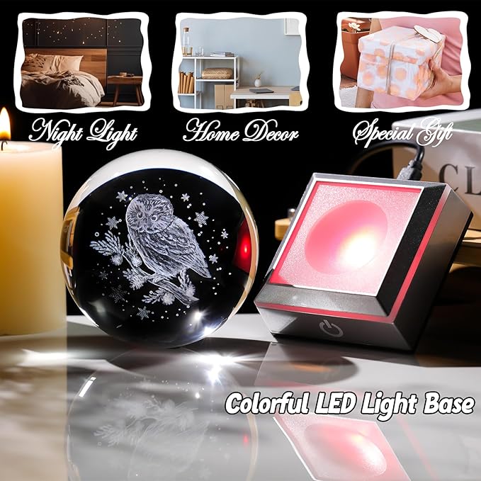 Ornalrist 3.15" Crystal Ball 3D Engraved Owl with Snowflake Gifts for Women Men Children Glass Sphere with LED Colorful Base Ideas on Birthday Christmas for Home Decor Figurine