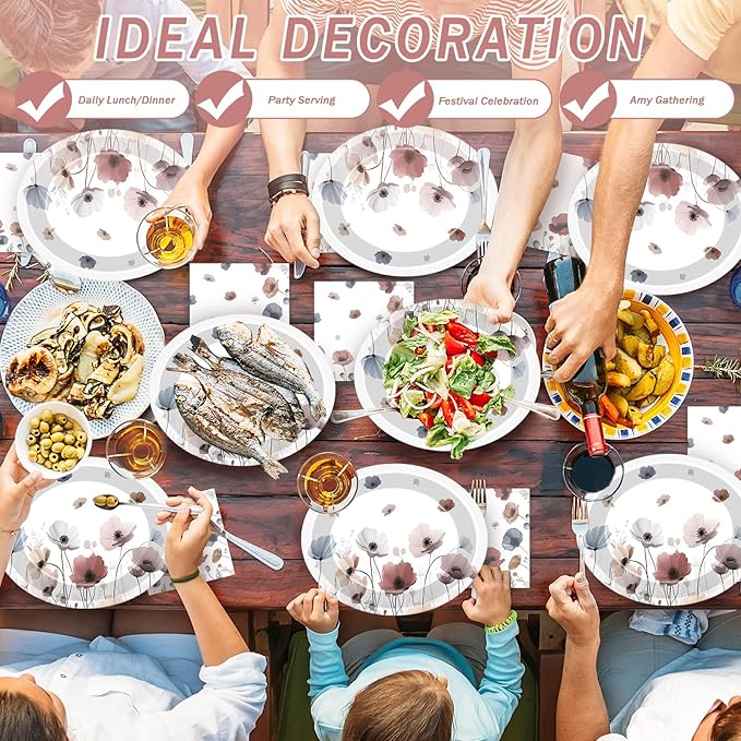 Fall Brown Poppy Floral Leaves Party Supplies Oval Paper Plates 11inch Large Seasonal Autumn Plates and Napkins Watercolor Floral Leaf Party Decoration Favor Dish Tray Birthday Tableware, 25 Guest