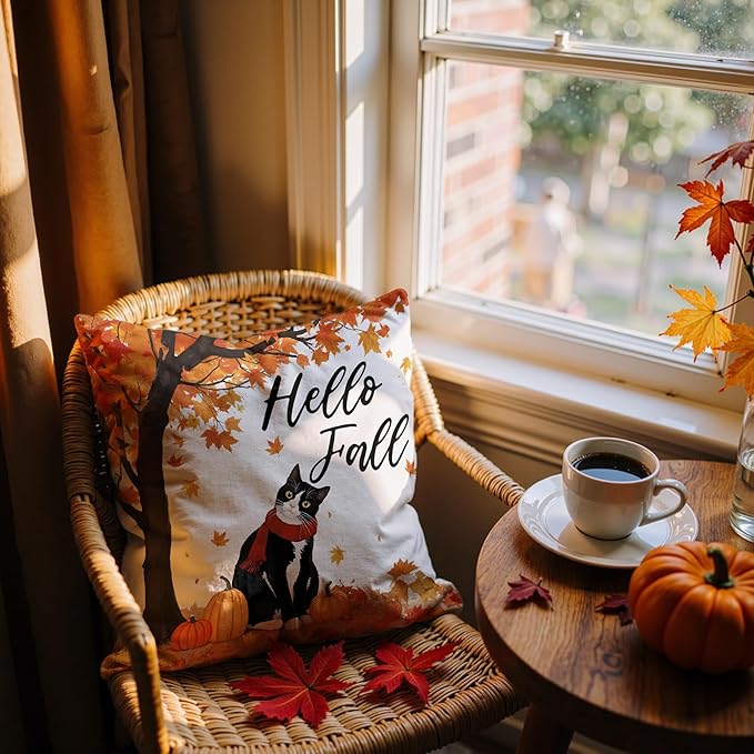 Fall Cat Pillow Covers 18x18, Cat Lover Gifts Home Room Decor, Fall Autumn Maple Leaves Pumpkin Cute Kitty Kitten Decorative Throw Pillow Covers for Home Bedroom Living Room