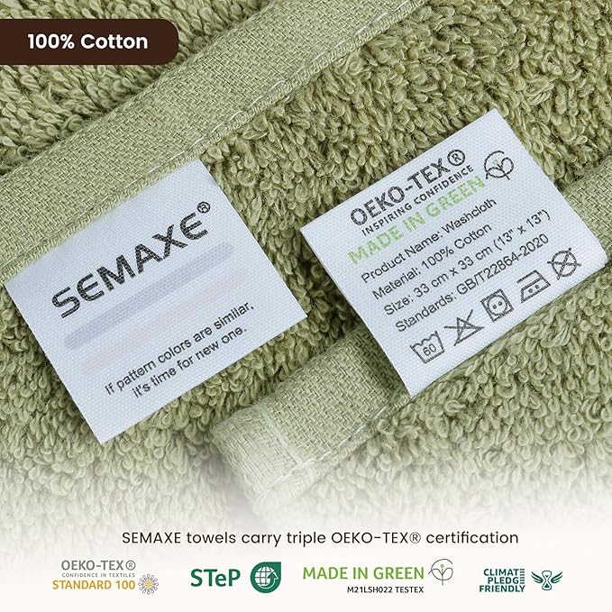 SEMAXE 100% Cotton Washcloths 12-Pack, 13 × 13 Inch Soft Luxury Face Towels – Super Absorbent & Quick-Dry, Premium Cloth with Hanging Loop, Oeko-TEX Certified, Gift-Ready Box