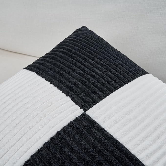Fancy Homi Set of 4 Black and White Samll Decorative Throw Pillow Covers 18x18 Inch with for Couch Bed Sofa Living Room, Soft Cross Patchwork Striped Corduroy Modern Square Cushion Case 45x45 cm