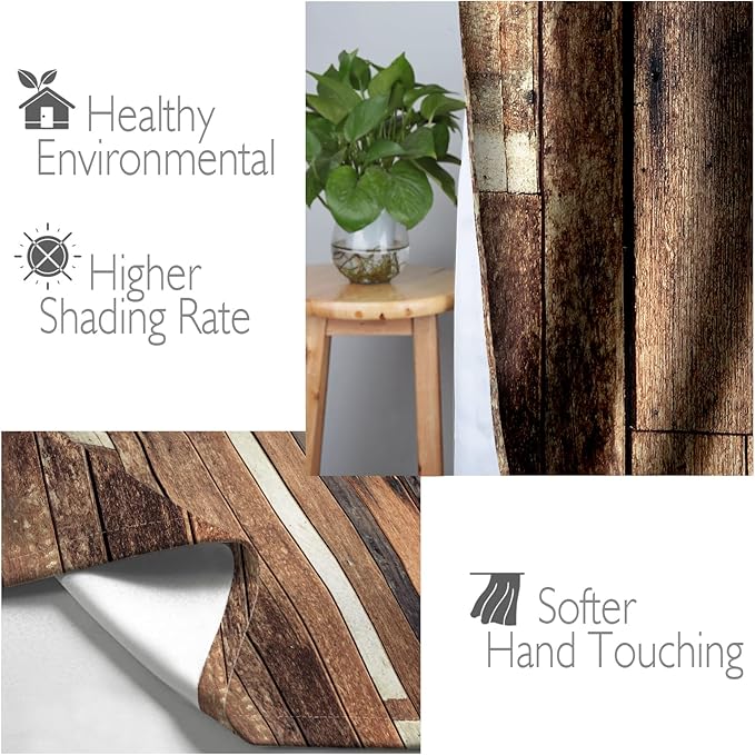 Jekeno Rustic Wooden Blackout Curtains Brown Wood Hardwood Floor Plank Board Door of Farmhouse Village Rural Lodge Retro Decor for Bedroom Living Room Grommet Window Drapes 2 Panel Set, 42"x54"